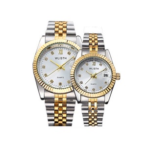 C54 2PCS Round White Face Gold Steel Band Couple Watch Luminous Waterproof Roman Scale Dial for His and Hers Valentines Day Gift