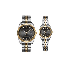 C56 2PCS Round Black Face Silver Band Couple Watch Calendar Luminous Waterproof Roman Scale Dial for His and Hers Valentines Day Gift