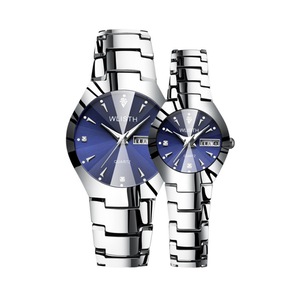 C57 2PCS Round Blue Faced Silver Band Couple Watch Dual Calendar Waterproof Shiny Scale Dial for His and Hers Valentines Day Gift