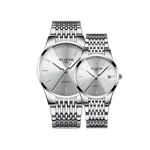C58 2PCS Round White Face Silver Steel Band Couple Watch Calendar Waterproof Simple Scale Dial for His and Hers Valentines Day Gift