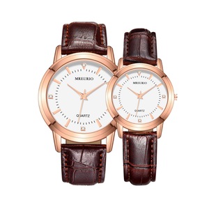 C61 2PCS Round White Face Brown Leather Strap Couple Watch Not Waterproof Shiny Gradient Dial for His and Hers Valentines Day Gift