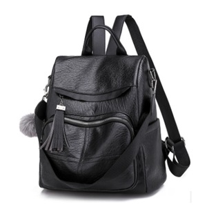 Casual Shoulder PU Leather Backpack Ladies Messenger Bag with Plush Ball (Black)