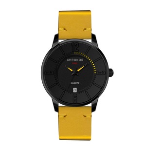 Casual Style Date Display Men Wrist Watch Colorful Leather Strap Quartz Watches YELLOW COLOUR