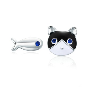Cat and Fish Stud Earrings for Girls Silver plating Kitty Animal Ear Studs Jewelry