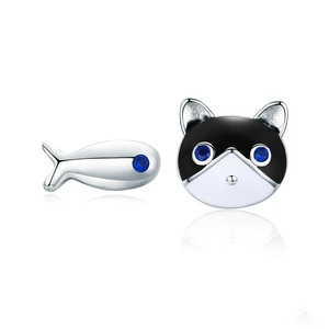 Cat Earrings Silver plating Cat and Fish Story Small Women Stud Earrings for Women Earrings Jewelry