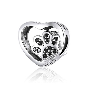 Cat Love Heart-shape Charm Silver plating Paw Footprints Heart Bead Charms for Bangle Bracelet Fine Jewelry Bead