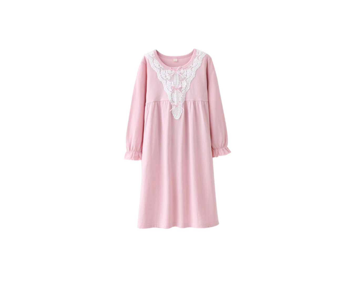 Cotton Little Girls Sleepwear Lace Bowknot Princess Long Sleeve Nightwear Dress - PINK