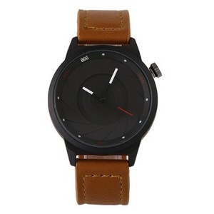 Creative Men Leather Strap Simple Back Aperture Pattern Dial Needle Quartz Watch