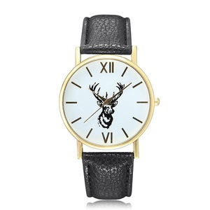 Cute Lovely Deer Pattern PU Leather Band Analog Quartz Women Wrist Watch BLACK COLOR