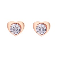 Cute Rose Gold Heart Shape Titanium Steel Cubic Zirconia Stud Earrings