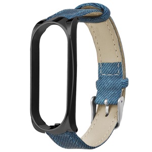 Denim Leather Watch Band Watch Strap Replacement for Xiaomi Miband 4 BLUE-BLACK COLOR