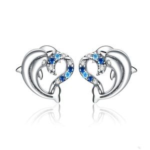 Dolphin with Heart Jewelry Silver plating Stud Earrings for Women Elegant Wedding Jewelry