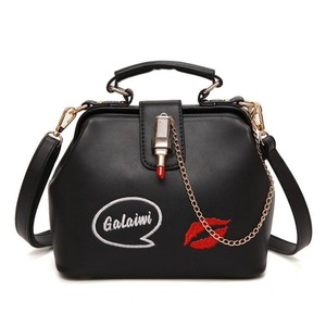 Embroidered Lipstick Doctor Bag Ladies Shoulder Bag Red Lip Handbag (Black)