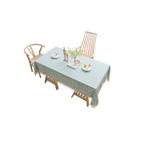 Embroidery Lattice Tassel Tablecloth Cotton Linen Checked Washable Table Cover - GREEN