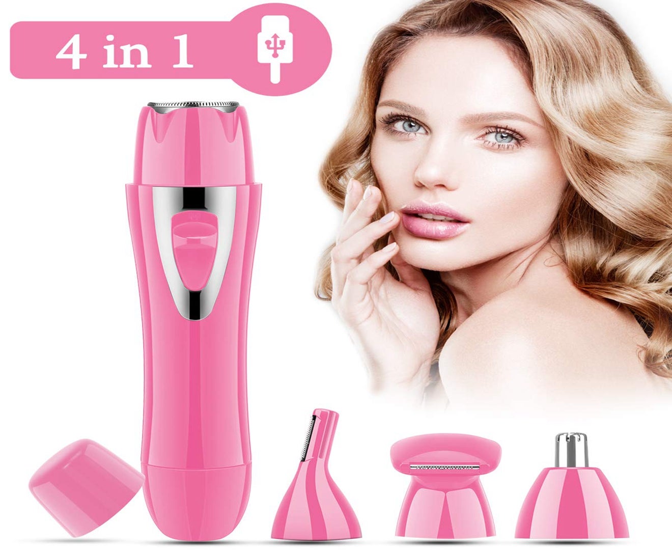 Facial Hair Removal for Women - 4 in 1 Nose Hair Trimmer, Eyebrow Trimmer, Body Shaver and Face Hair Remove Waterproof USB Rechargeable Razor