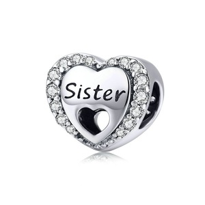 Family Beads for Bracelet Heart Love Sister Charms Silver plating Fine DIY Jewelry