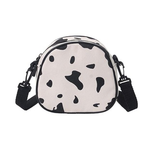 Fashion Cow Milk Printed Women Shoulder Bag Canvas Small Round Purse Lady Casual Zipper Travel Daily Messenger Satchel Handbags