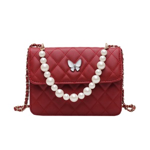 Fashion Lattice Pattern Crossbody Bag Women Butterfly PU Leather Pearl Flap Shoulder Messenger Handbags Casual Phone Pouch