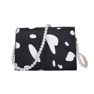 Fashion Milk Pattern Flap Shoulder Crossbody Messenger Bag Women Casual PU Leather Small Square Pearl Chain Bags