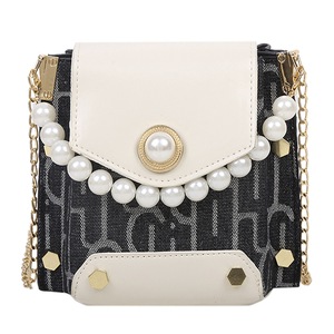 Fashion Pearl Chain Crossbody Bag Women Print Splicing PU Leather Shoulder Pouch Popular Simple Female Daily Bag