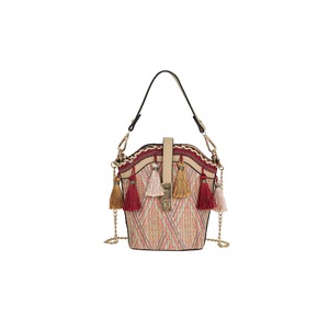 Fashion Shell Bucket Bag Tassel Straw Beach Bag Ladies Shoulder Messenger Bag Handbag Chain Small Bag-Brown