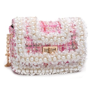 Fashion Woolen Crossbody Handbags Kids Girl Elegant Pearls Purse Chain Small Shoulder Messenger Bag