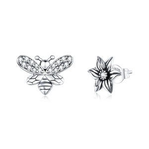 Flower & Bee Stud Earrings Silver plating Small Earrings for Women Retro Jewelry
