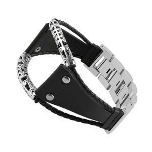 For Galaxy Watch / Gear S3 46mm Metal Woven Sheepskin Rope Chain Leather Strap Watchband, Style:B(Black)