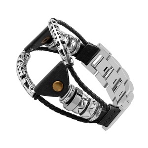 For Galaxy Watch / Gear S3 46mm Metal Woven Sheepskin Rope Chain Leather Strap Watchband, Style:C(Black)