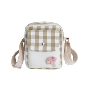 Fresh Simple Lattice Pattern Cute Mushroom Decoration Canvas Single Shoulder Bag Ladies Chest Bag (Yellow)