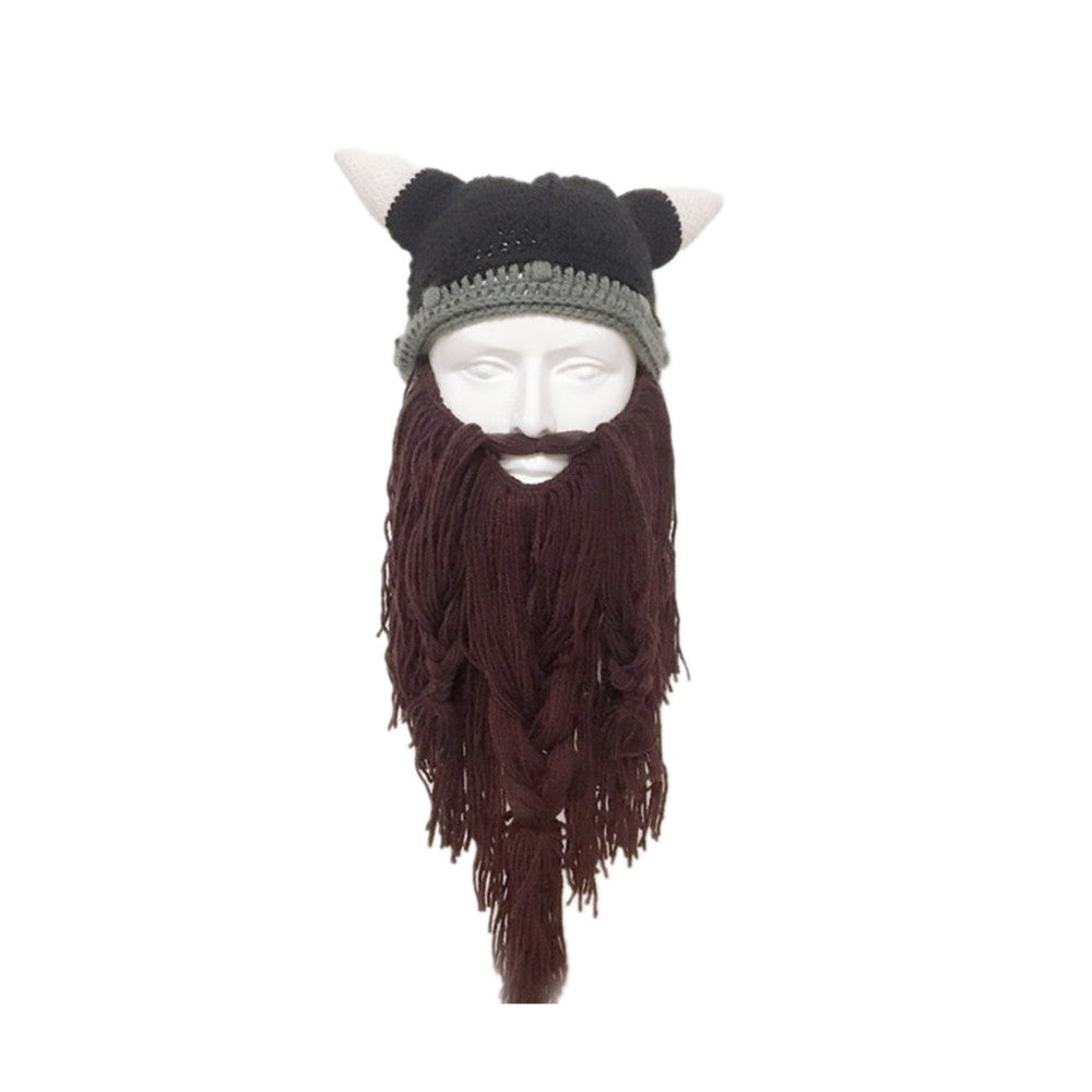 Funny Crazy Halloween Cosplay Men Knit Viking Beard Horn Hat Ski Mask Cap Barbarian Vagabond Cool Beanie Winter Warm Unisex Hat Brown,L??58-60cm??