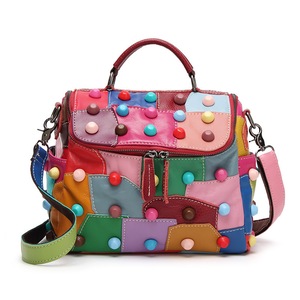 Genuine Pu Leather Women Purse Shoulder Messenger Bags Colorful Patchwork Handbags Bag for Beach Summer Girls Natural Crossbody New