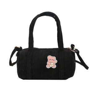 Girls Cylinder Crossbody Tote Bags Fashion Bear Pattern Corduroy Shoulder Purse Popular Simple Female Daily Bag