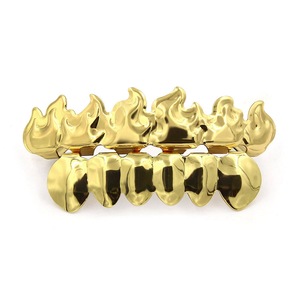 Hip Hop Flame Gold Plated Tooth Braces Top & Bottom Grills Caps Cosplay Party Tooth Rapper Jewelry Gift