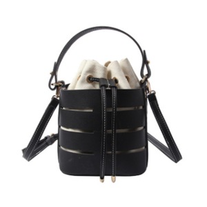 Hollow Drawstring PU Shoulder Bag Ladies Handbag Messenger Bag (Black)