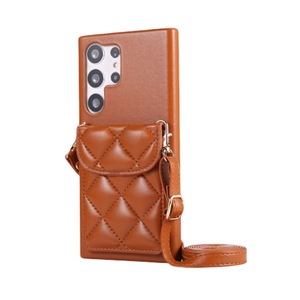 J02 PU Leather Cross Body Neck Rope Mobile Cell Phone Bag with Pocket Suitable for S23u (brown)