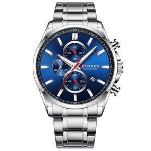 Men Quartz Watch Chronograph Date Luminous Waterproof Stainless Steel Band Business Wristwatch Silver + blue