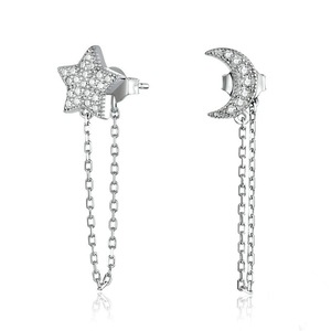 Moon and Star Chain Drop Earrings for Women Silver plating Engagement Wedding Jewelry