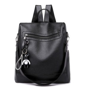 Multi-function Casual Double Shoulder Crossbody Soft PU Leather Backpack Ladies Diagonal Bag with Bear Keychain (Black)