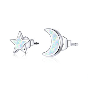 Open Moon and Star Stud Earrings for Women Silver plating Wedding Jewelry