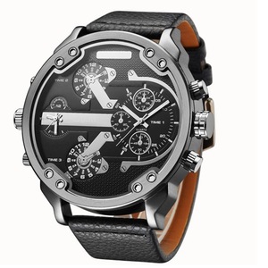 Oulm Men Business Two Time Zone Quartz Stylish Luxury Leather Watch Black