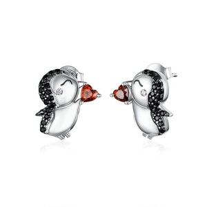 Penguins Couple Stud Earrings for Women Black Silver plating Animal Studs Jewelry