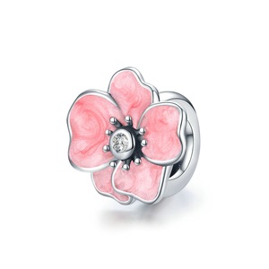 Pink Flower Silver plating Charm Stopper Bead for Women Bracelet & Bangle DIY Jewelry