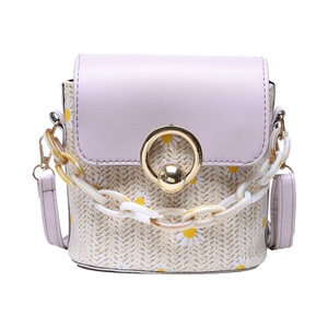 Portable Women Woven Shoulder Handbag Classic Texture Creative Design Chic Daisy PU Splicing Bucket Messenger Bag