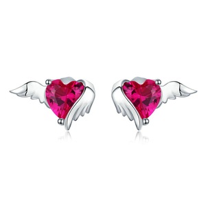 Red Heart Guardian Wing Stud Earring Heart-shape Ear Pin Silver plating Wedding Jewelry