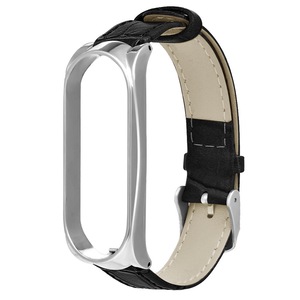 Replacement Watch Strap Needle Buckle Genuine Leather Watch Band for Xiaomi Mi band 3 BLACK-SILVER COLOR