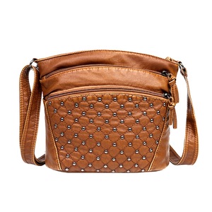 Retro Washable Soft PU Messenger Bag Women Multi Pocket Rivet Shoulder Handbag Vintage Crossbody Bags for Women Birthday Gifts
