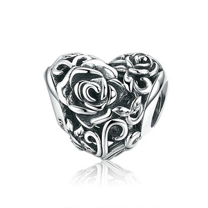 Romantic Silver plating Rose Flower Engrave Heart Beads Fit Charm Bracelets & Bangles DIY Jewelry
