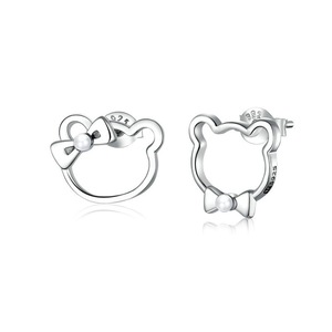 Silver plating Bear with Bowknot Stud Earrings for Women Cute Ear Pins Jewelry