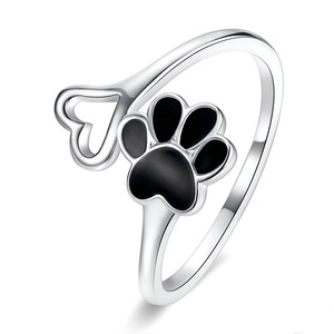 Silver plating Black Enamel Dog Paw Heart Adjustable Finger Rings for Women Jewelry